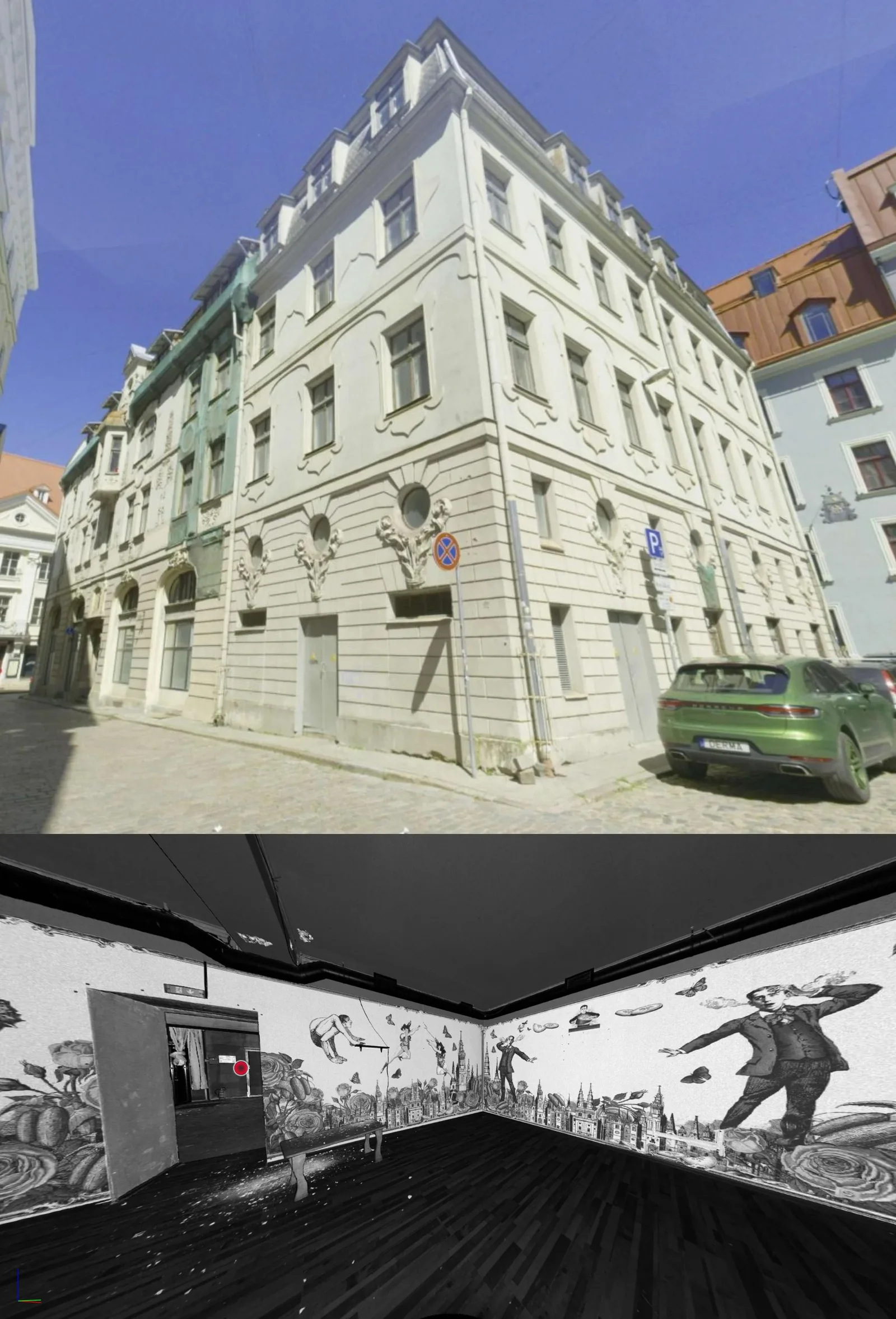 360 grādu panorāmas fragmenti ar ēkas fasādi un iekštelpām no 3D lāzerskenēšanas datiem