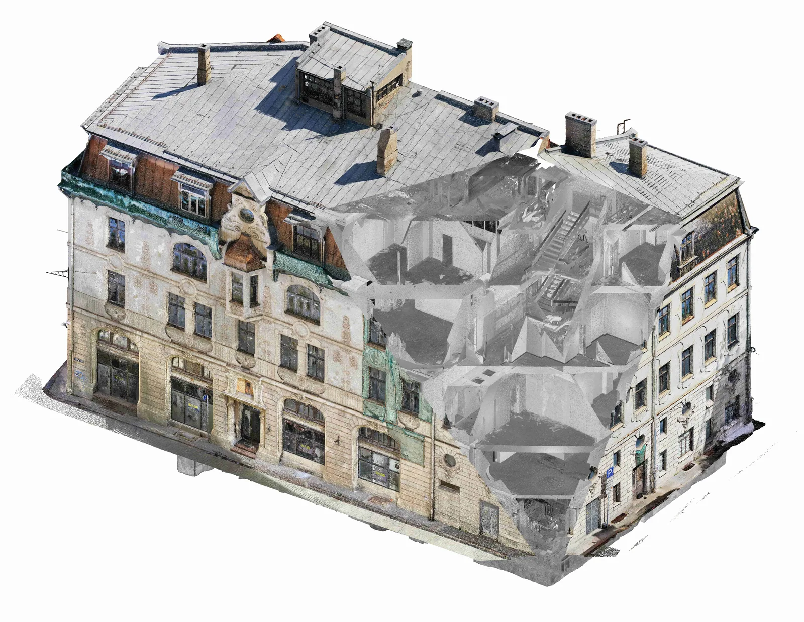 Ēkas 3D lāzerskenēšanas punktu mākonis ar redzamu ēkas iekšpuses šķēlumu