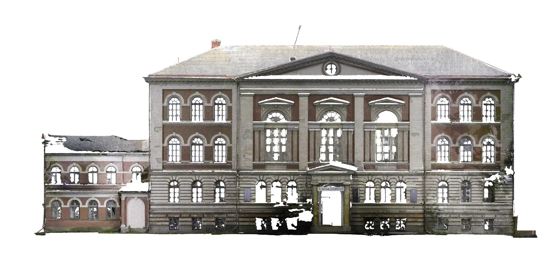 Ēkas fasādes punktu mākoņa ortofoto no 3D lāzerskenēšanas datiem