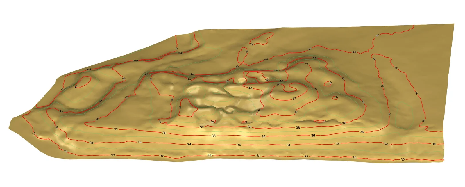3D reljefa modelis ar horizontālēm un augstuma atzīmēm no aerofotogrammetrijas datiem